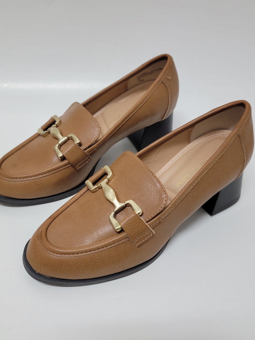 Adrienne Vittadini Brown Heeled Loafers Womens Block Heel Gold Horsebit Office 7